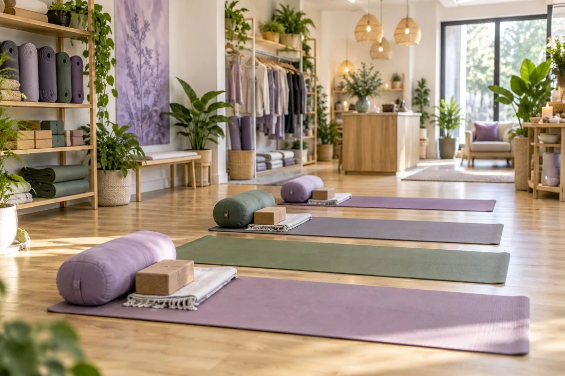 Thảm yoga dày 8mm trải trên sàn gỗ cạnh cửa sổ, bên cạnh có gạch tập và chai nước